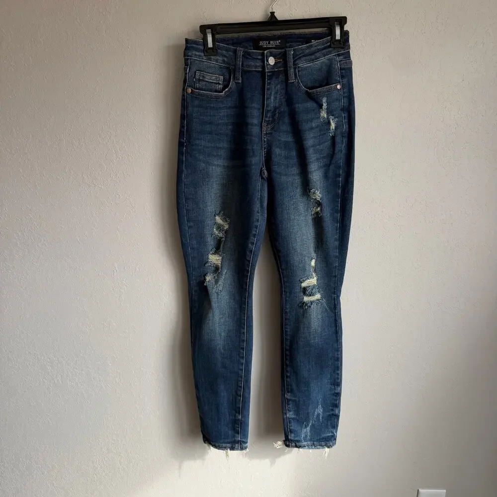 Judy Blue Dark Wash Distressed Raw Hem Relaxed Fit Skinny Jeans Womens 25